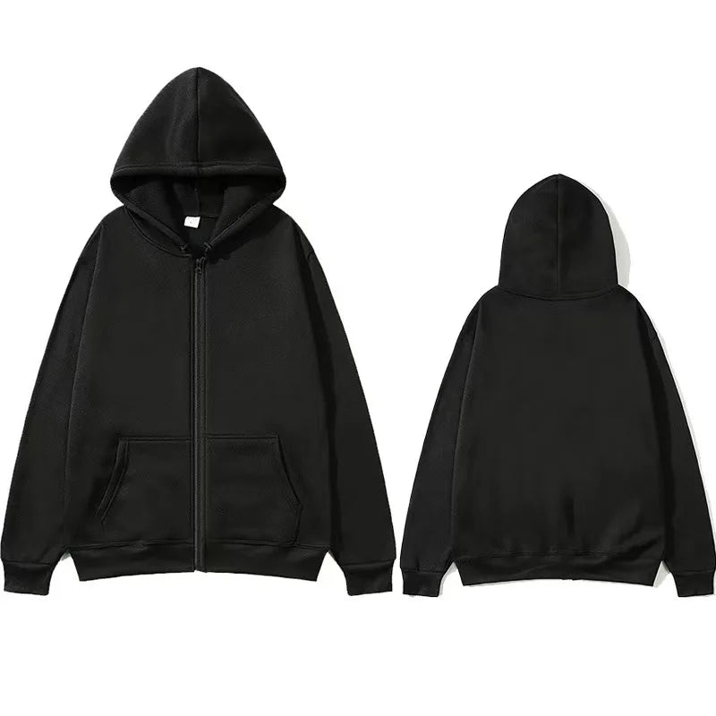 Oversized Unisex Hoodie, Solid Color Zip Up Jacket, Casual Street Trendy Plain Hooded Sweatshirt