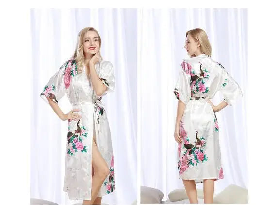Womens Silk Satin Kimono Robes Long Sleepwear Dressing Gown Floral Peacock Printed Pattern Party Wedding Bridesmaid Bathrobe
