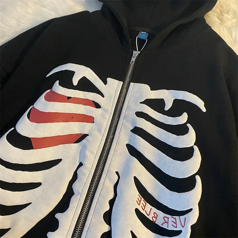 Y2K Skeleton Hoodies Women 2025 Vrouwen Gothic Zwart Zip Up Oversized Sweatshirt Dames Retro Harajuku Capuchon Streetwear Tops