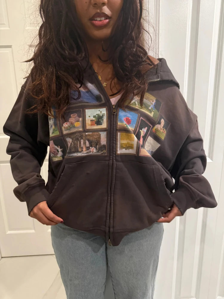 Y2K Retro Gallery Hoodie Brown Pixel Painting Art Pattern Zip Up Sweatshirt Trendy Classic Streetwear Unisex Oversize Clothing
