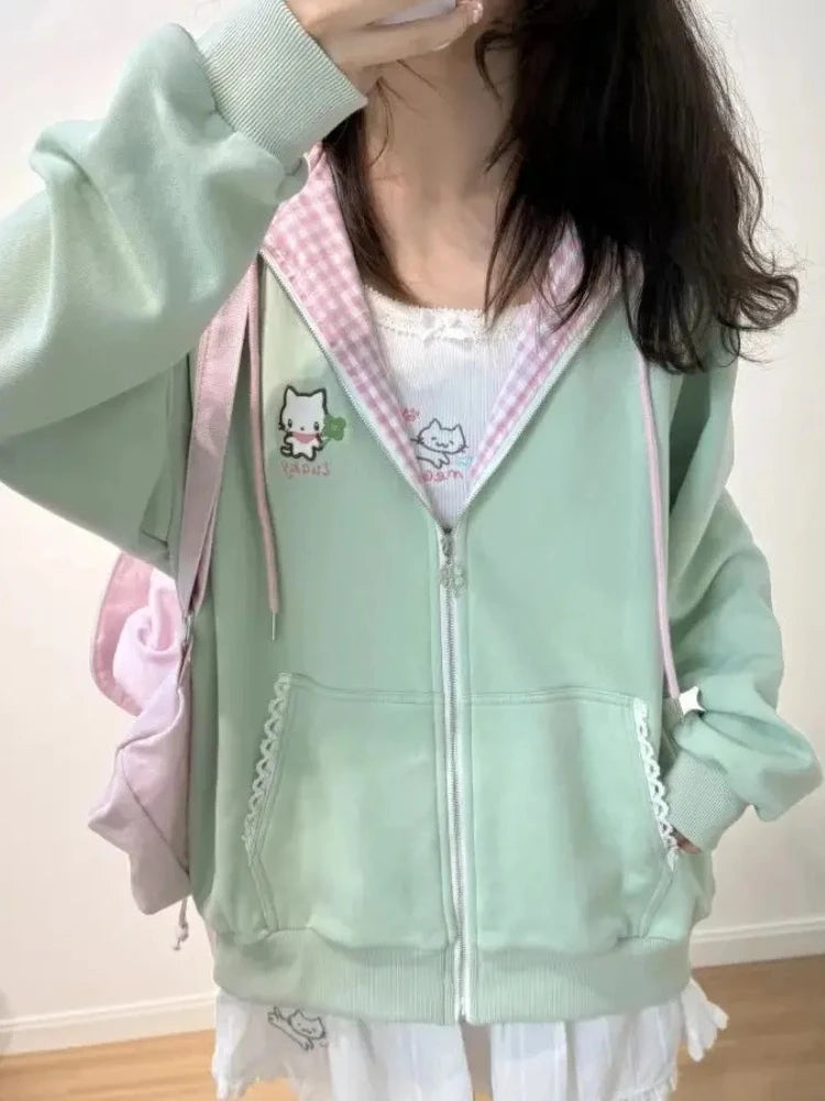 Y2k Kawaii Japanese Cartoon Long Sleeve Zipper Hooded Sweatshirts Subculture Loose Casual Hoodies Women Tops 2000s Vintage Chic