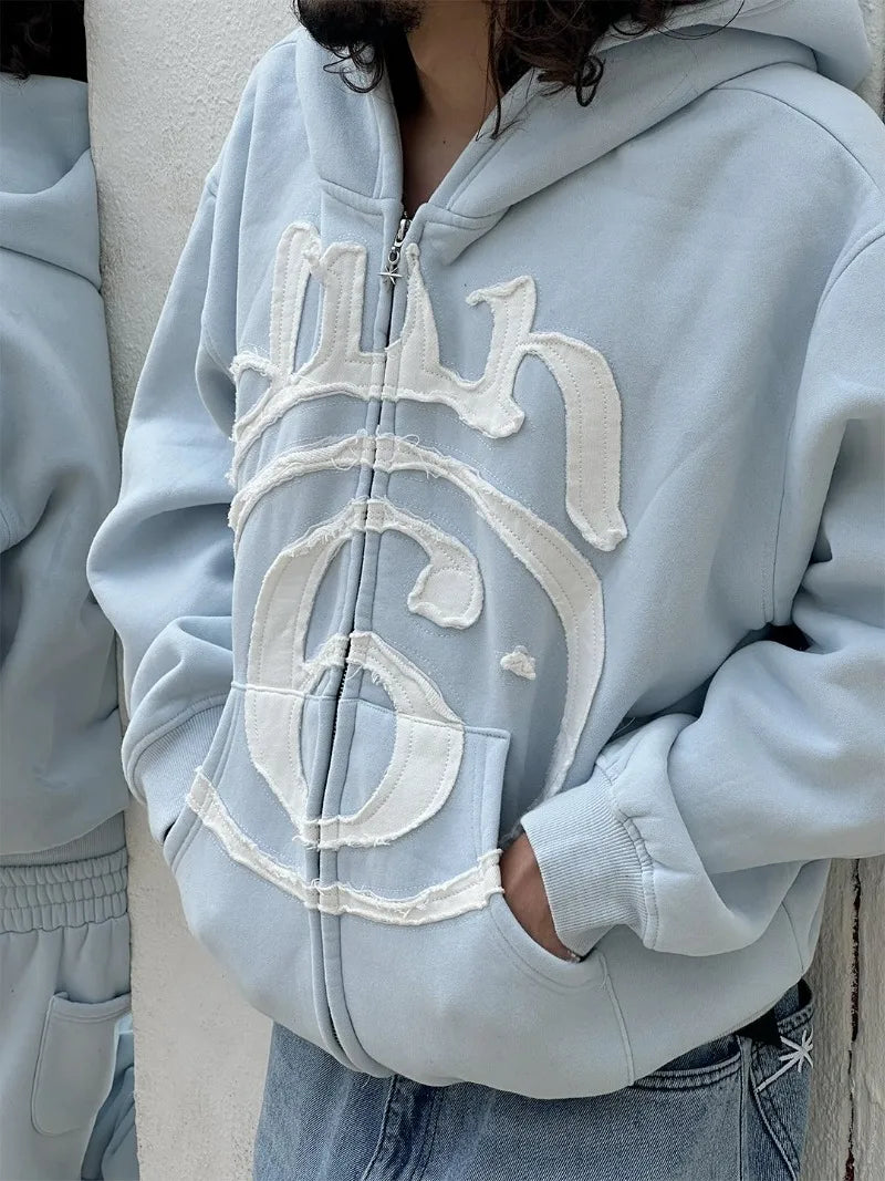 Y2K Clothing New Fashion Letter Embroidery Patch Zipper Hooded Sweater Men Gothic Harajuku Hip Hop Popular Casual Sweatshirt