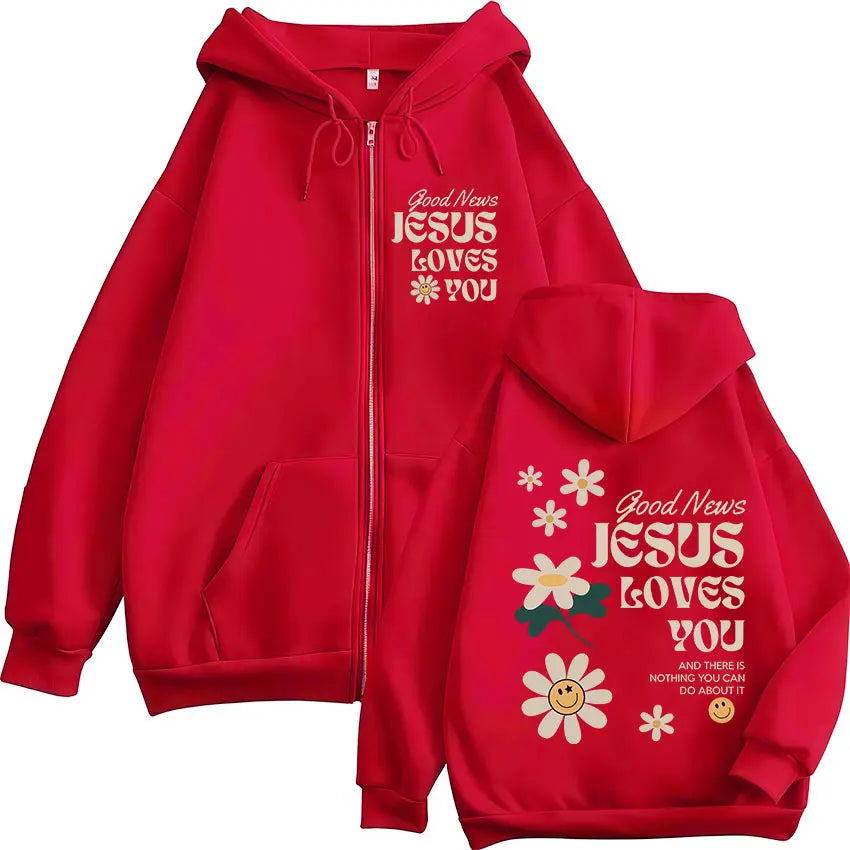 Good News Jesus Loves You Christian Zipper Hoodies Men Women Clothing Fashion Sweat Zip Up Sweatshirts Oversized Pullover Jacket