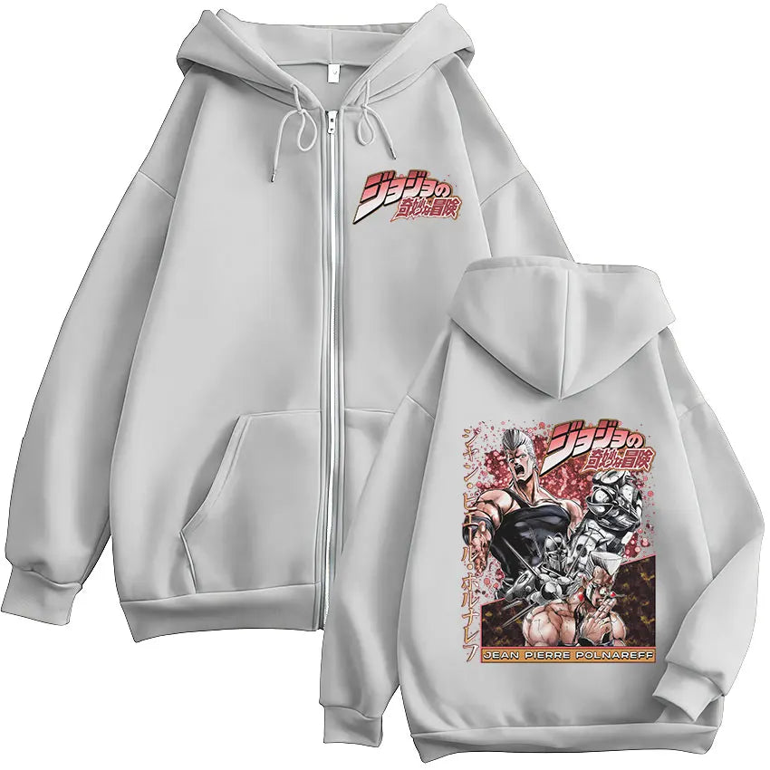 Anime JoJo Bizarre Adventure Jan Pierre Polnareff Zipper Hoodies Men Women Clothing Fashion Hip Hop Zip Up Sweatshirts Jackets