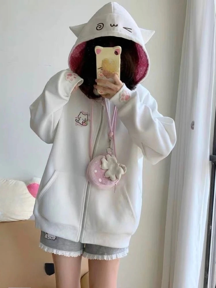 Y2k Kawaii Japanese Cartoon Long Sleeve Zipper Hooded Sweatshirts Subculture Loose Casual Hoodies Women Tops 2000s Vintage Chic
