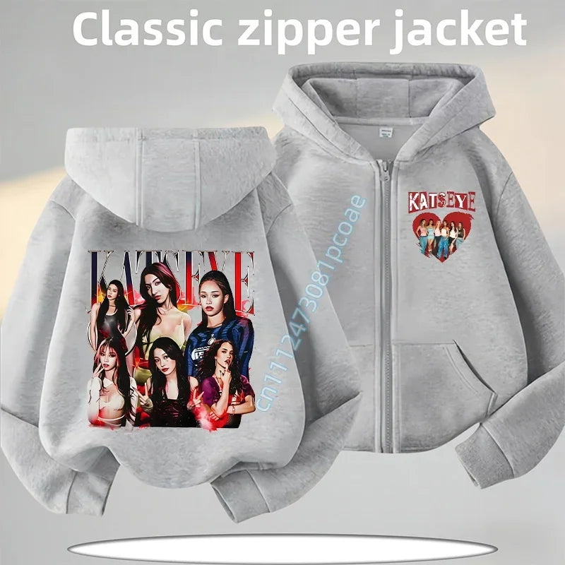KATSEYE Children's Zippered Pullover Hoodie Boys' Sport Shirt Girls' Casual Top Cartoon Print 2026 New Fall/Winter Coat