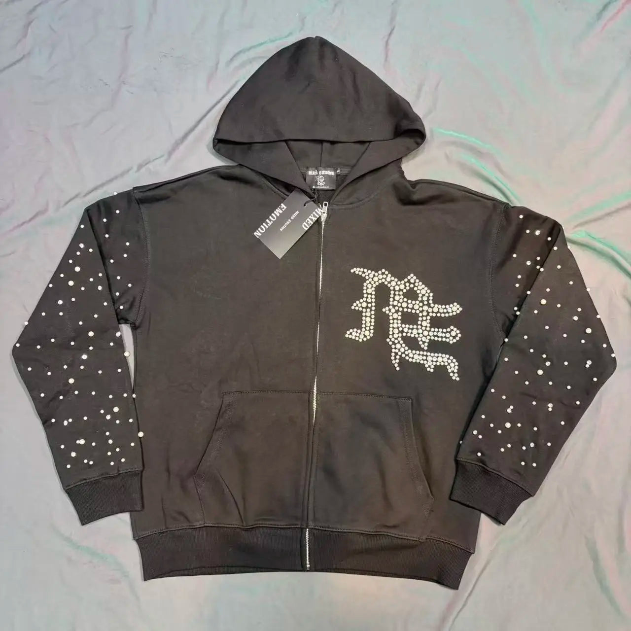 Fashionable Zip-Up Jacket, High Quality, 450g Heavyweight Pure Cotton Terry Fabric, White Ink Direct Printing, Middle Eastern Glass Rhinestones, Full Print, Hand-Applied Rhinestones