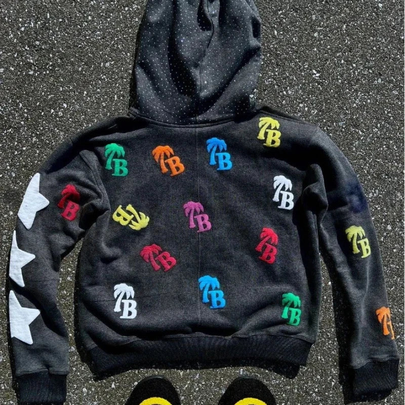 Y2K Trendy Letter Pattern Loose Casual Comfortable Hooded Zipper Retro Hoodie Jacket Top Unisex