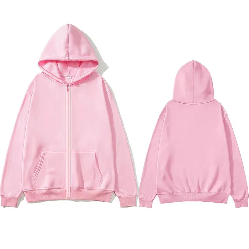 Oversized Unisex Hoodie, Solid Color Zip Up Jacket, Casual Street Trendy Plain Hooded Sweatshirt