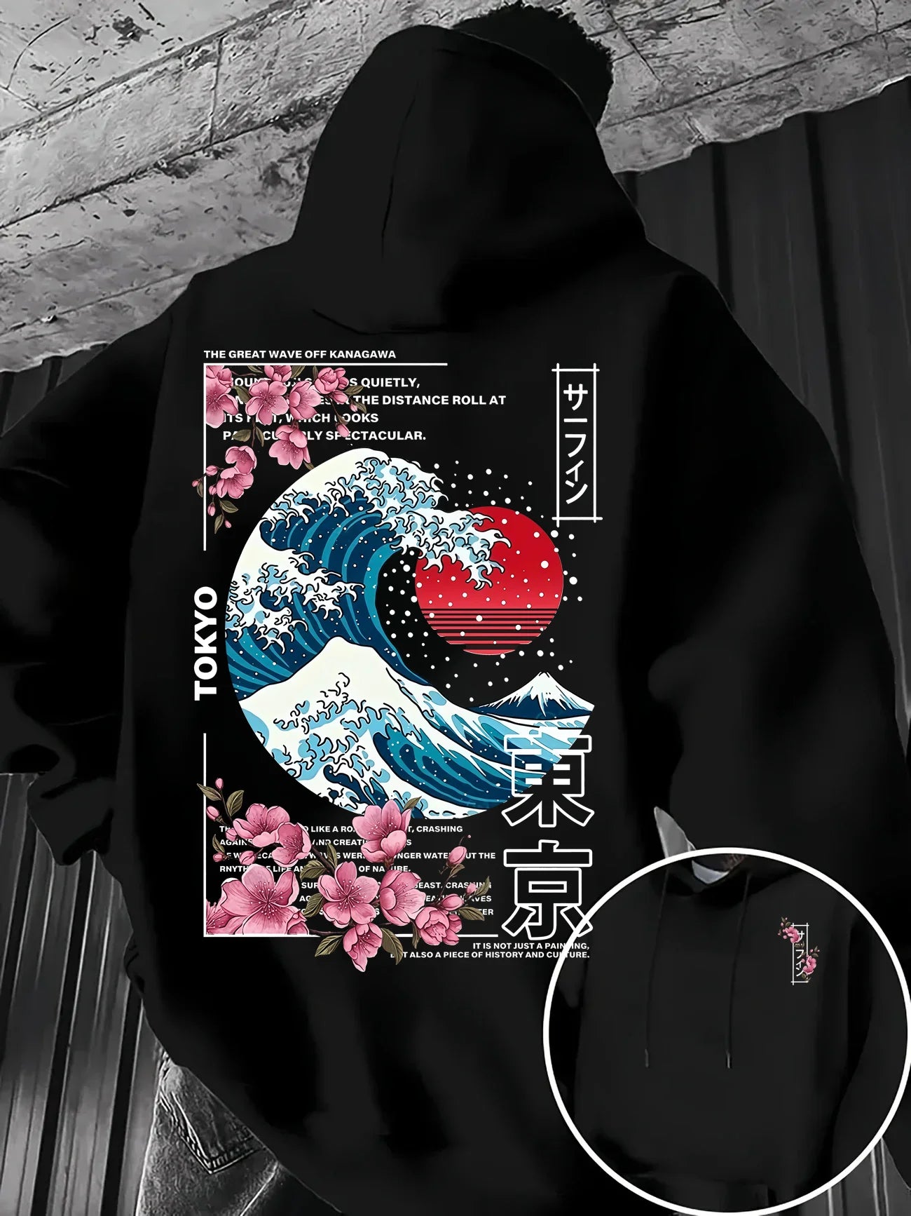 Ukiyo-E Great Wave Kanagawa Hoodie Men Aesthetic Sakura Tokyo Letter Graphic Sweatshirt Oriental Vintage Daily Hooded Pullover