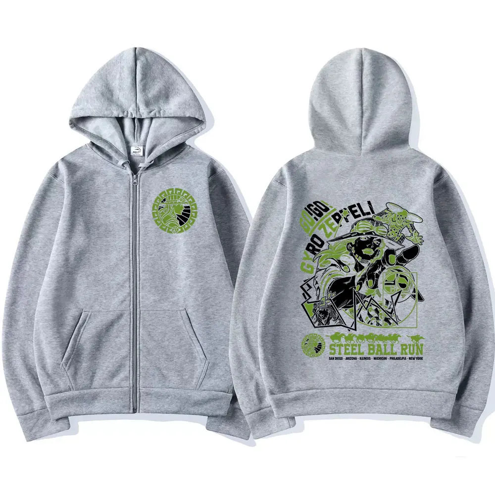 Anime Jojo Bizarre Adventure Zipper Hoodies Gyro Zeppeli STEEL BALL RUN Manga Zip Up Hooded Sweatshirts Men Casual Pullover Coat