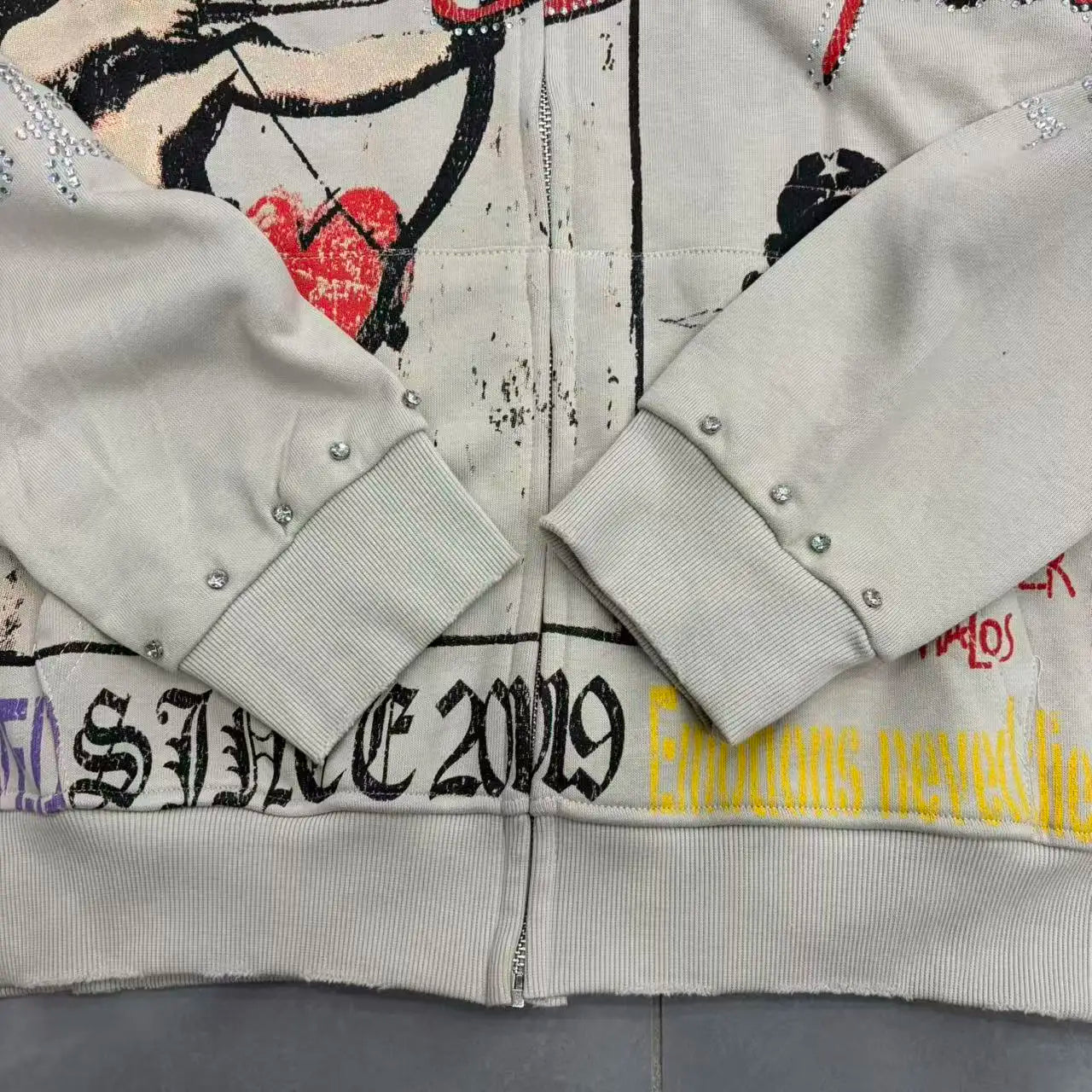 Fashionable Zip-Up Jacket, High Quality, 450g Heavyweight Pure Cotton Terry Fabric, White Ink Direct Printing, Middle Eastern Glass Rhinestones, Full Print, Hand-Applied Rhinestones