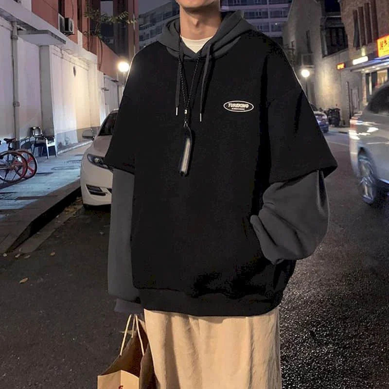 Hoodies men fake two-piece sweatshirt autumn stitching Korean loose contrast color hooded long-sleeved black  white gray design