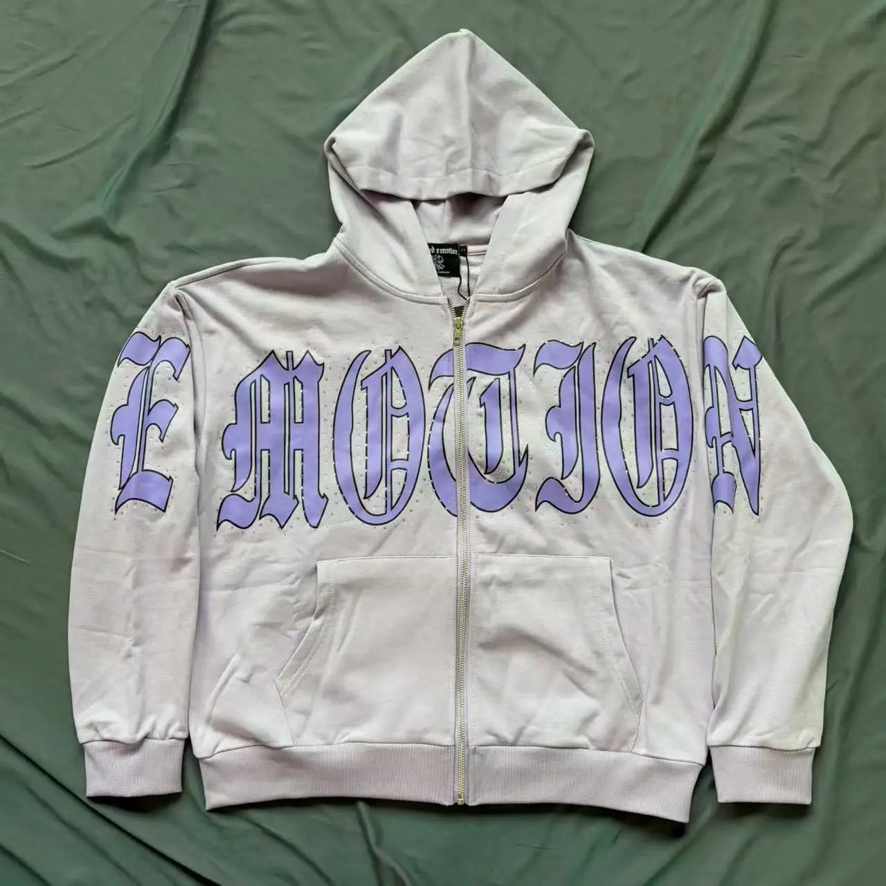 Fashionable Zip-Up Jacket, High Quality, 450g Heavyweight Pure Cotton Terry Fabric, White Ink Direct Printing, Middle Eastern Glass Rhinestones, Full Print, Hand-Applied Rhinestones