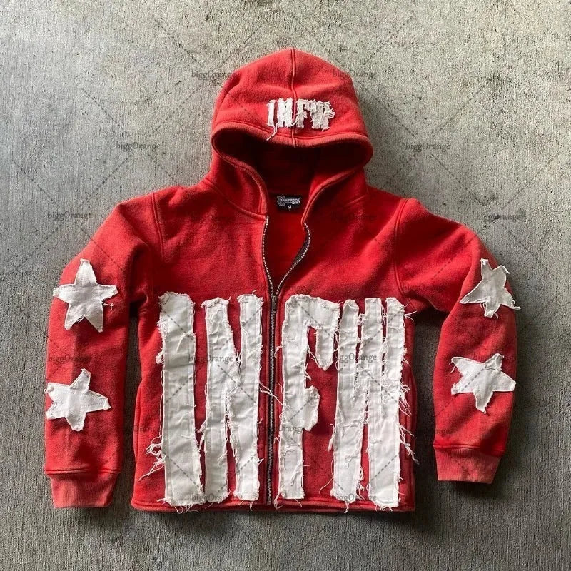 Autumn And Winter Hoodie Patchwork Letter Star Pattern Long Sleeved Pullover Hoodie Harajuku Fashionable Loose Versatile Jackets