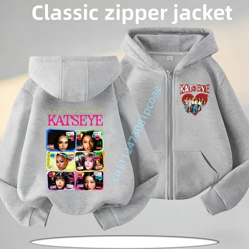 KATSEYE Children's Zippered Pullover Hoodie Boys' Sport Shirt Girls' Casual Top Cartoon Print 2026 New Fall/Winter Coat