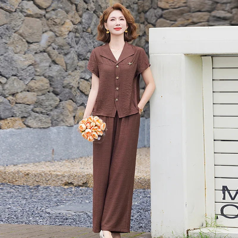 Elegant Fashionable Mommy Outfit Summer Short Sleeve Shirt Wide Leg Pants Two Piece Set for Middle-Aged And Elderly Women