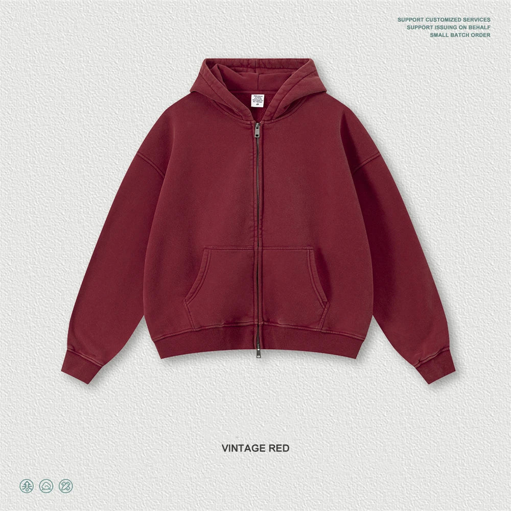 ZODF Retro Washed Man Boxy Fit 400gsm Fleece Zipper Hoodie Unisex Distressed Loose Warm Hooded Coat Jacket Brand Outwears HY1184