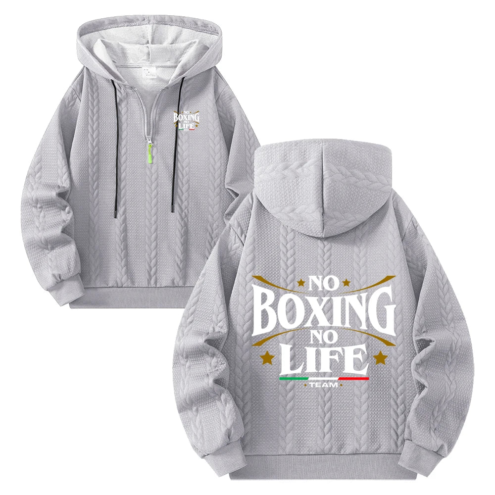 Men's Boxing Slogan Print Cable Jacquard Half Zip Hoodies Loose Casual Pullover Autumn Everyday Fashion Fitness Commute Top