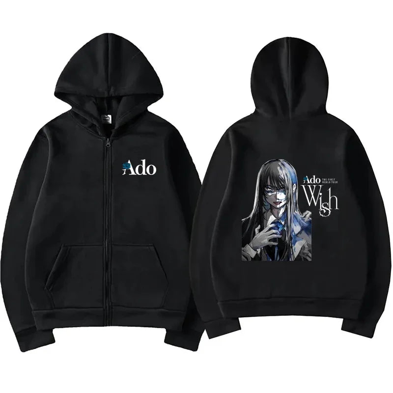 2025 Ado Graphic Printed Zipper Hoodies Autumn Winter Men Women Casual Fashion Harajuku Y2K Fleece Long Sleeve Zip-Up Hoodies