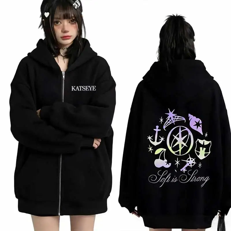 Katseye Graphics tracksuit vintage Hoodie Men Women 2026 tops Fleece fashion clothes Hip Hop Coat Zip Up Jacket Loose streetwear