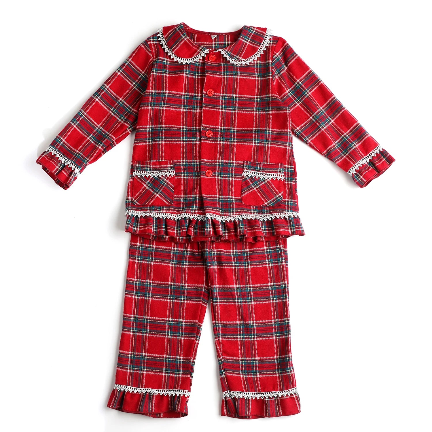 Flannel Christmas Family Matching Outfits Boys And Girls Ruffle Pajamas White Lace Red Long Sleeve Baby Button Kids Pyjamas Sets