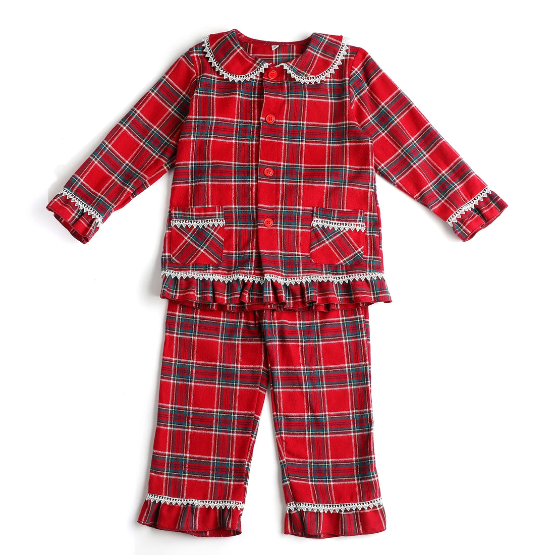 Flannel Christmas Family Matching Outfits Boys And Girls Ruffle Pajamas White Lace Red Long Sleeve Baby Button Kids Pyjamas Sets