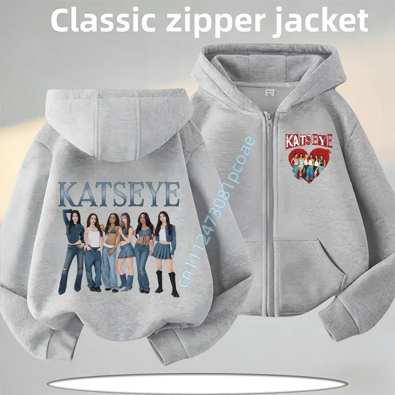 KATSEYE Children's Zippered Pullover Hoodie Boys' Sport Shirt Girls' Casual Top Cartoon Print 2026 New Fall/Winter Coat