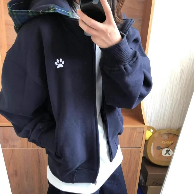 Women Vintage Hoodie Dog Paw Embroidery Plaid Patchwork Hooded Sweatshirt Couple Streetwear Autumn Jacket
