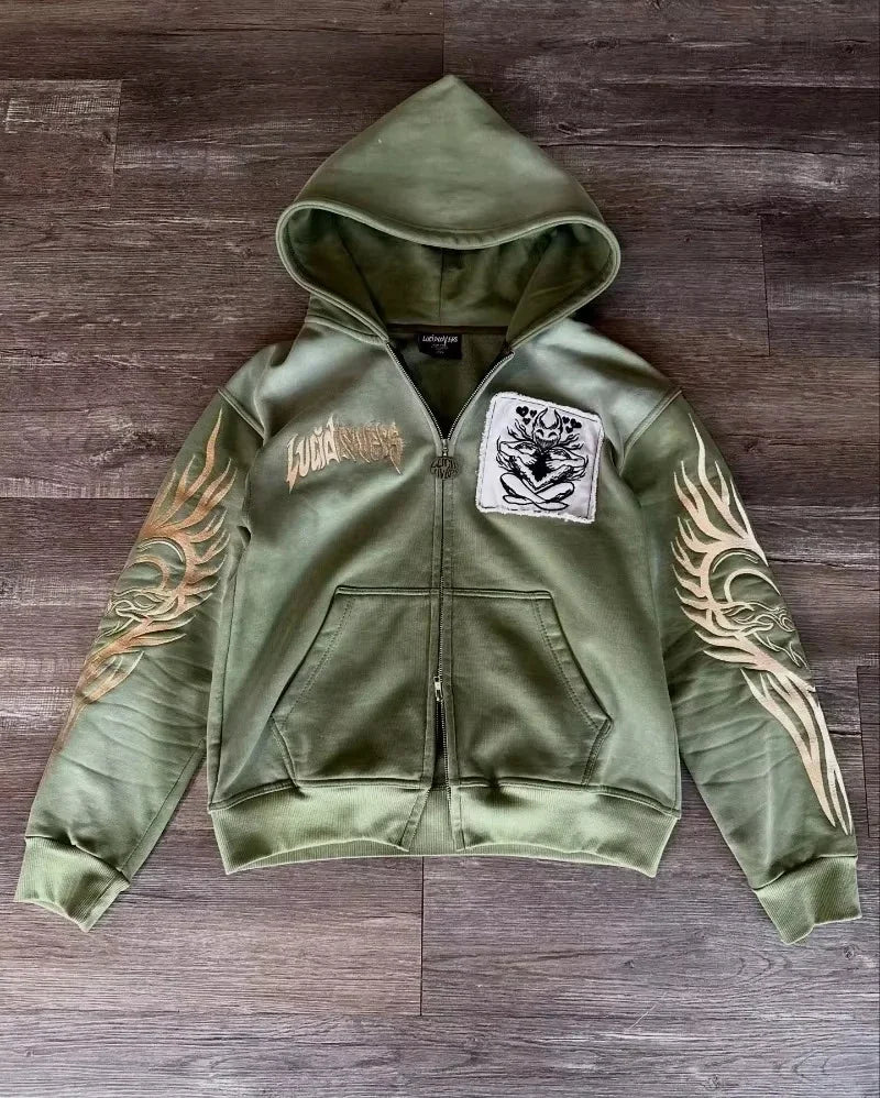 Y2K Clothing New Fashion Letter Embroidery Patch Zipper Hooded Sweater Men Gothic Harajuku Hip Hop Popular Casual Sweatshirt
