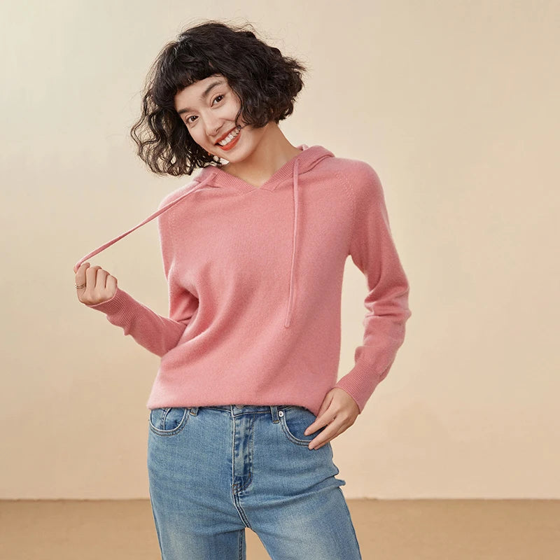 CHICUU Women Cashmere Hoodie Sweater 100% Cashmere Pullover Knitwear Autumn Winter Casual Style Hoodie Soft Warm Clothing Tops