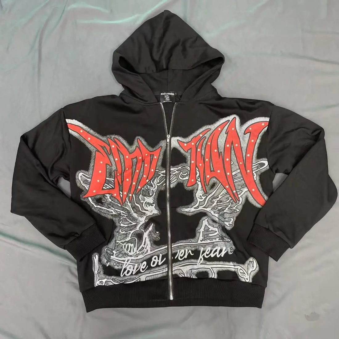 Fashionable Zip-Up Jacket, High Quality, 450g Heavyweight Pure Cotton Terry Fabric, White Ink Direct Printing, Middle Eastern Glass Rhinestones, Full Print, Hand-Applied Rhinestones