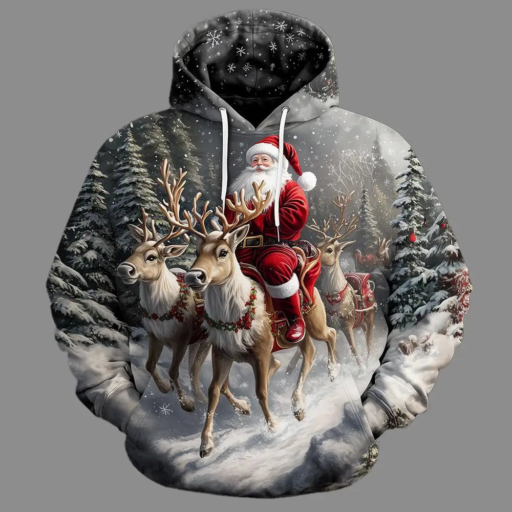 Santa Claus Reindeer 3D Printed Hoodie Men's And Women's Autumn And Winter Fashion Casual Pullover Christmas Holiday Party Top