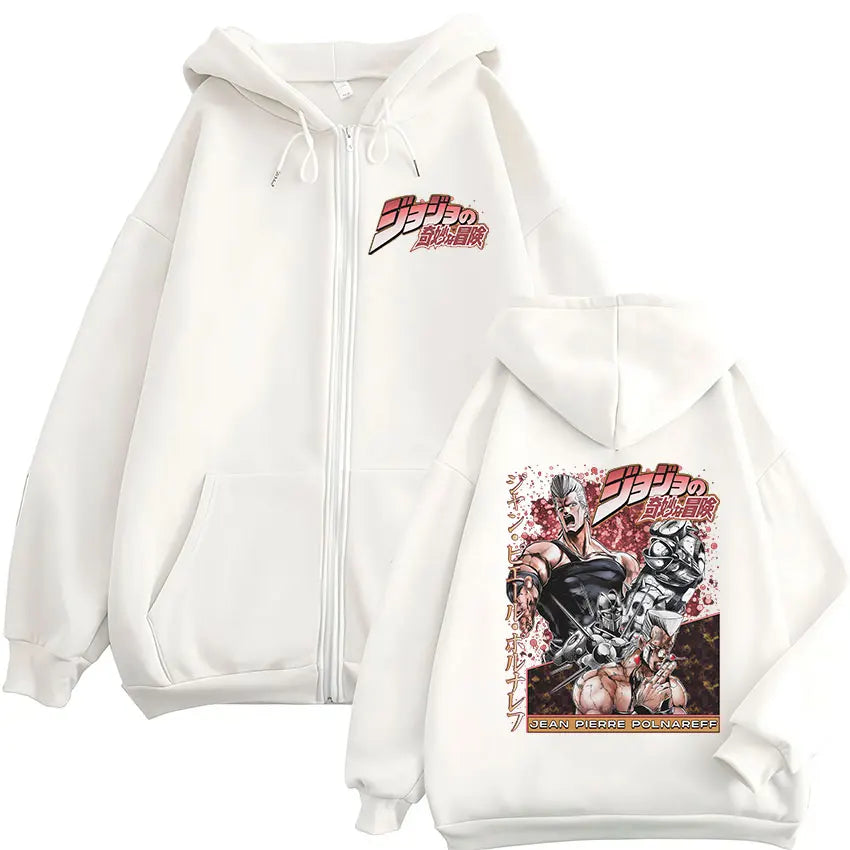 Anime JoJo Bizarre Adventure Jan Pierre Polnareff Zipper Hoodies Men Women Clothing Fashion Hip Hop Zip Up Sweatshirts Jackets