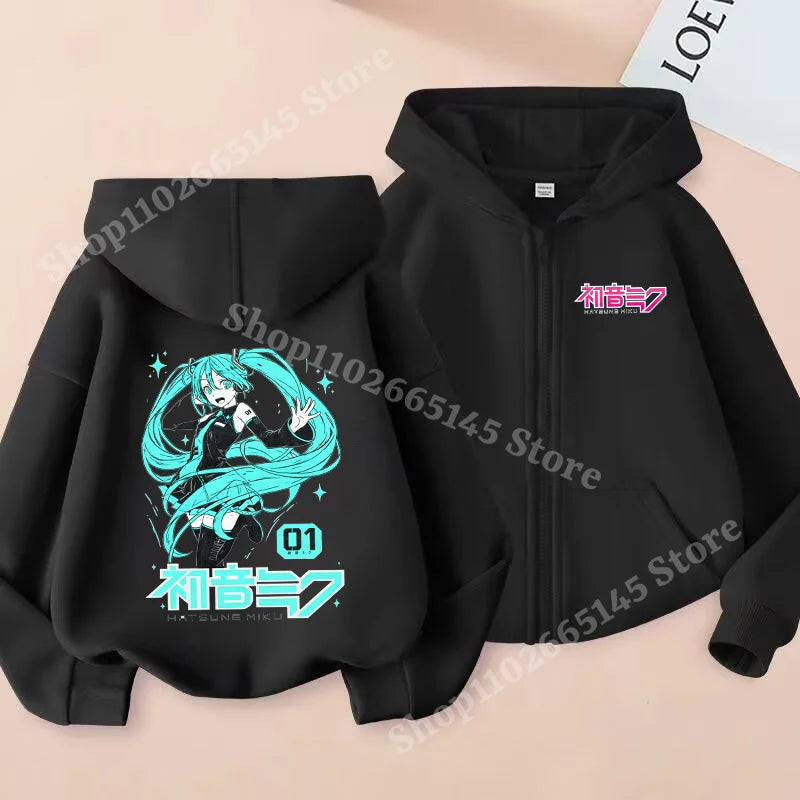 Hatsune Miku Zipper Hoodies Coat Girls Cute Hooded Cardigan Kids Spring Autumn Jacket Long Sleeves Fashion Children Clothes Gift