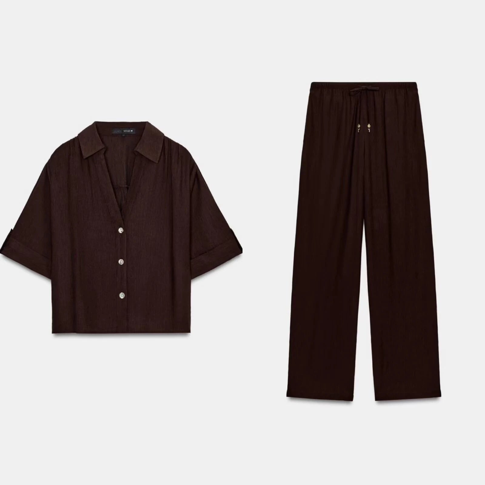 Summer women's collar short sleeved casual drape shirt high waist elastic waist long straight leg pants set