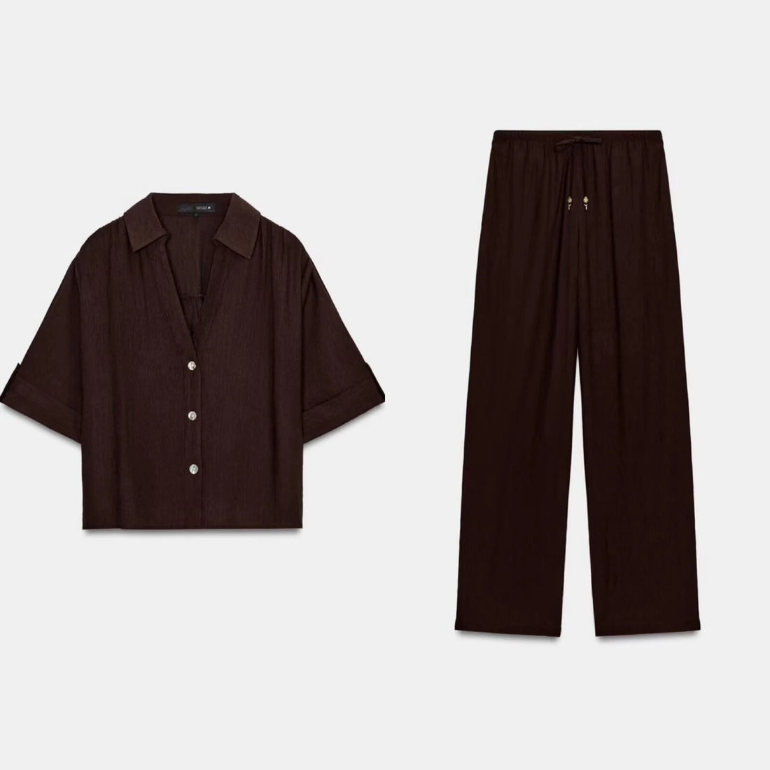 Summer women's collar short sleeved casual drape shirt high waist elastic waist long straight leg pants set