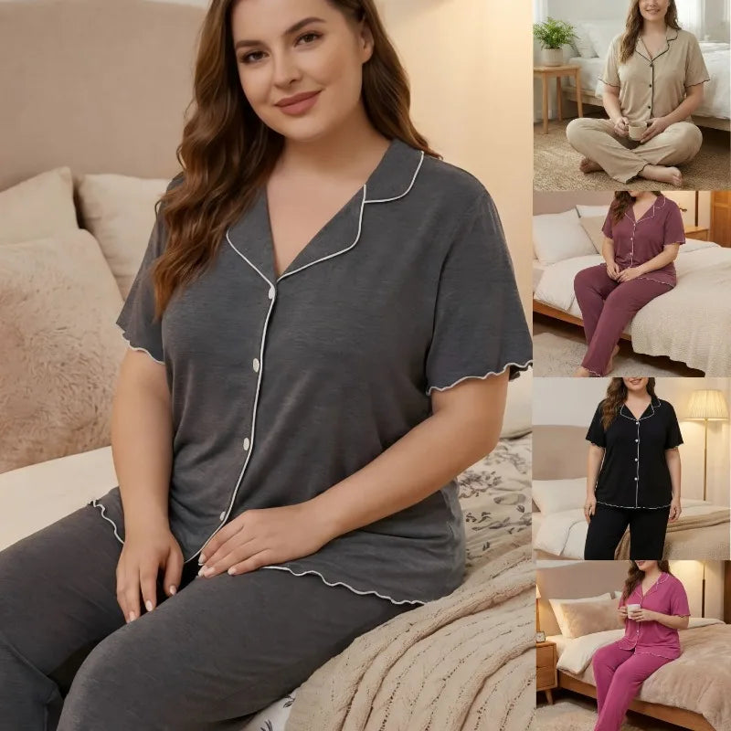 EU US Plus Size Women Solid Pajamas Set Summer Loose Loungewear Button Short-sleeved Cardigan Trousers Two-piece Set 0XL - 4XL