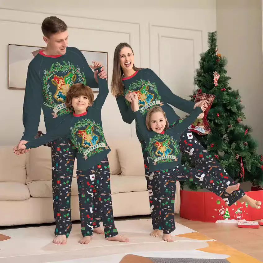 new Christmas family set Halloween cartoon pattern printed round neck home wear family of four pajamas pajama pants 2 sets