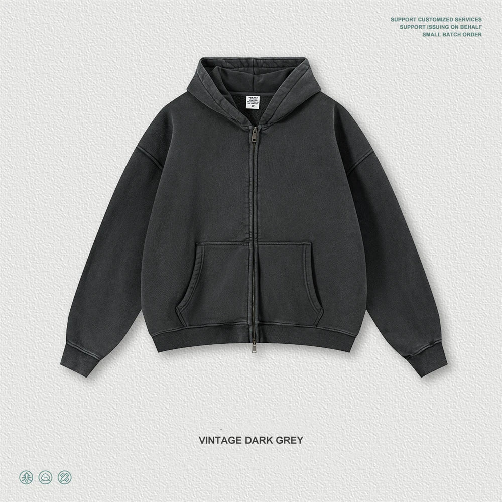 ZODF Retro Washed Man Boxy Fit 400gsm Fleece Zipper Hoodie Unisex Distressed Loose Warm Hooded Coat Jacket Brand Outwears HY1184