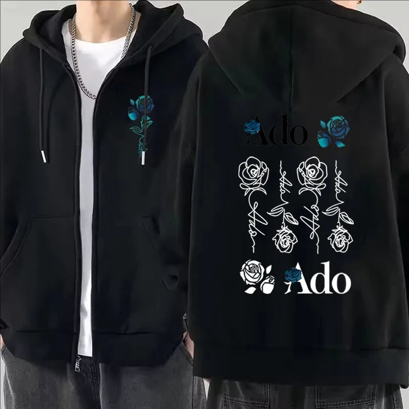 2025 Ado Graphic Printed Zipper Hoodies Autumn Winter Men Women Casual Fashion Harajuku Y2K Fleece Long Sleeve Zip-Up Hoodies