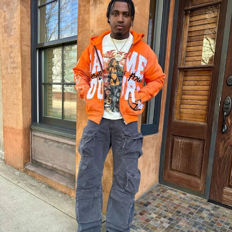 Quick Delivery Y2K Letter Sticker Printed Street Hip-Hop Style Heavyweight Hooded Sweatshirt Cardigan Design High Street Jacket