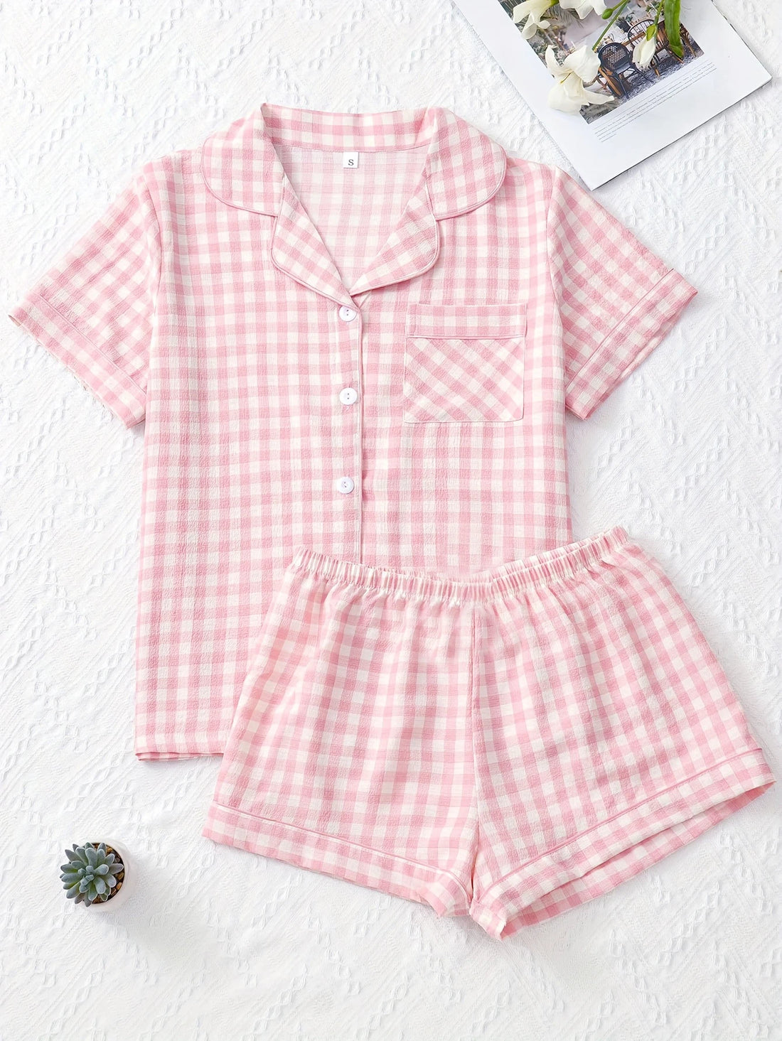 Women Pajamas Set Summer Ladies Plaid Print Casual Pajama Set, Short Sleeve Collar Top and Shorts Casual Comfy Loungewear