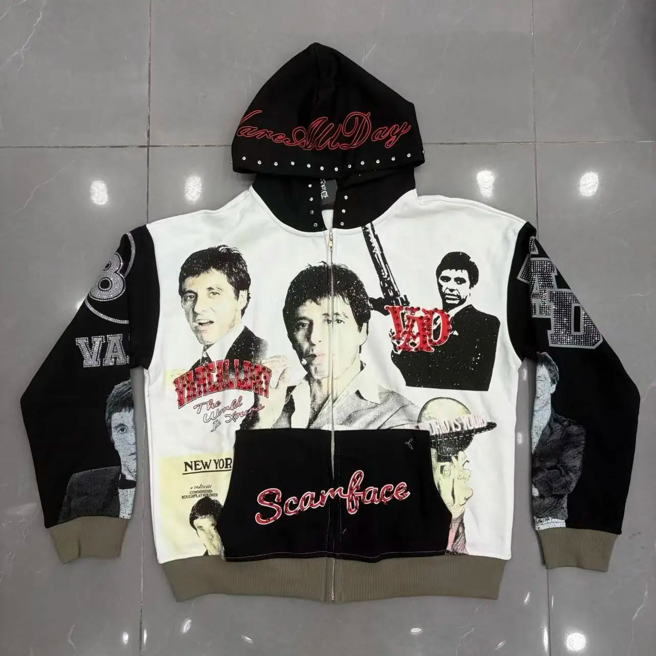 Vele High-Quality Rhinestone-Printed Sweatshirt Hoodie Jacket, Rhinestone-Printed Loose Casual Fashion Niche High Street Pure Cotton Terry Sweatshirt
