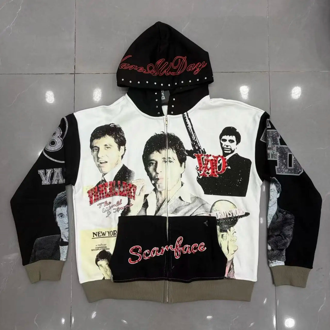 Vele High-Quality Rhinestone-Printed Sweatshirt Hoodie Jacket, Rhinestone-Printed Loose Casual Fashion Niche High Street Pure Cotton Terry Sweatshirt
