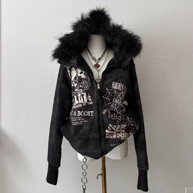 Vintage Popular New Pattern Printing Hooded Sweater Women Y2K Korean Version Tight Casual Plus Velvet Padded Joker Sports Hoodie