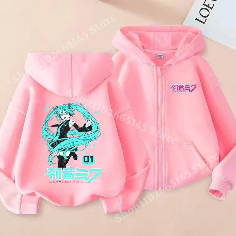 Hatsune Miku Zipper Hoodies Coat Girls Cute Hooded Cardigan Kids Spring Autumn Jacket Long Sleeves Fashion Children Clothes Gift