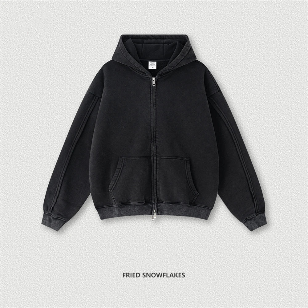 ZODF Retro 2025 Autumn Winter Zipper Fleece Hoodies For Man Unisex 400gsm Solid Washed Batik Warm Hooded Coats HY1084