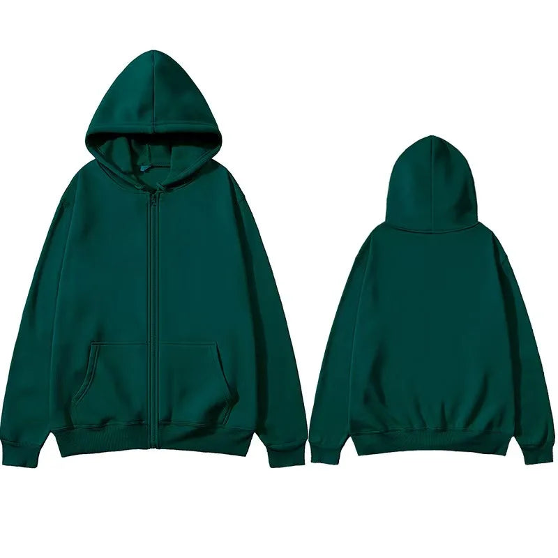 Oversized Unisex Hoodie, Solid Color Zip Up Jacket, Casual Street Trendy Plain Hooded Sweatshirt