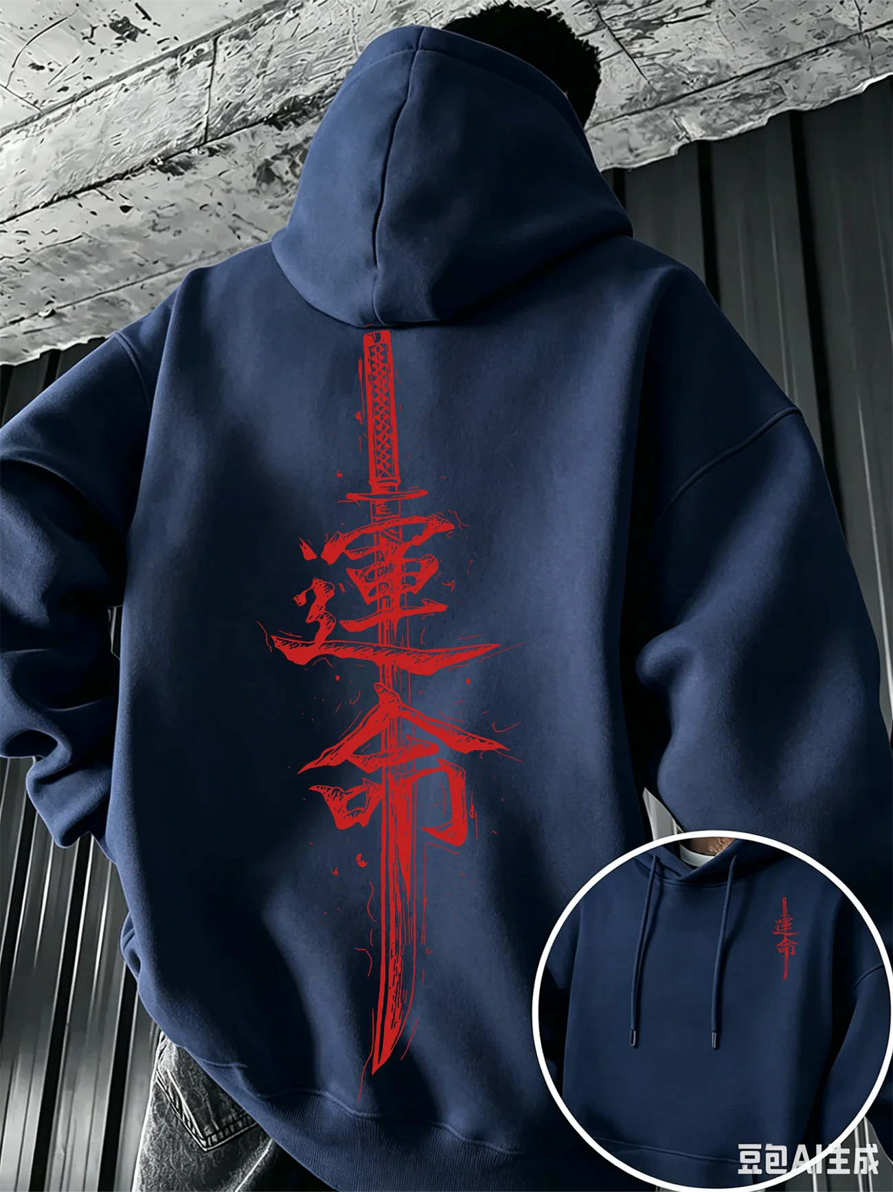 Aesthetic Japanese Katana Fate Kanji Hoodie Men Grunge Brush Stroke Calligraphy Sweatshirt Loose Autumn Daily Hooded Pullover